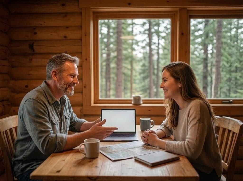 Host a majitel ubytování při domluvě u stolu s mapou a notebookem v dřevěné chatě – přímá komunikace před pobytem v přírodě