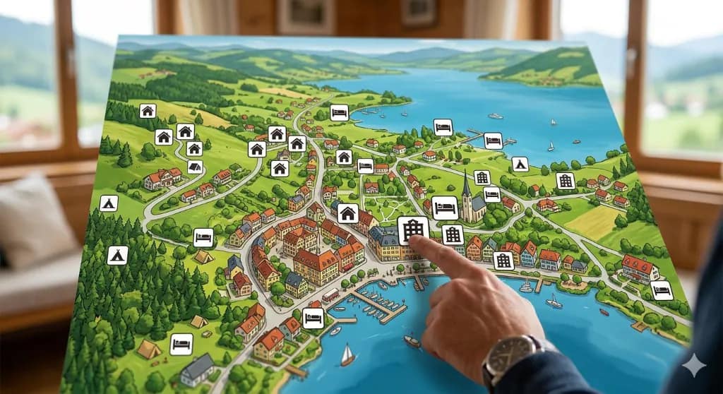 Ilustrovaná interaktivní mapa ubytování u jezera s ikonami pro hotely, penziony a kempy