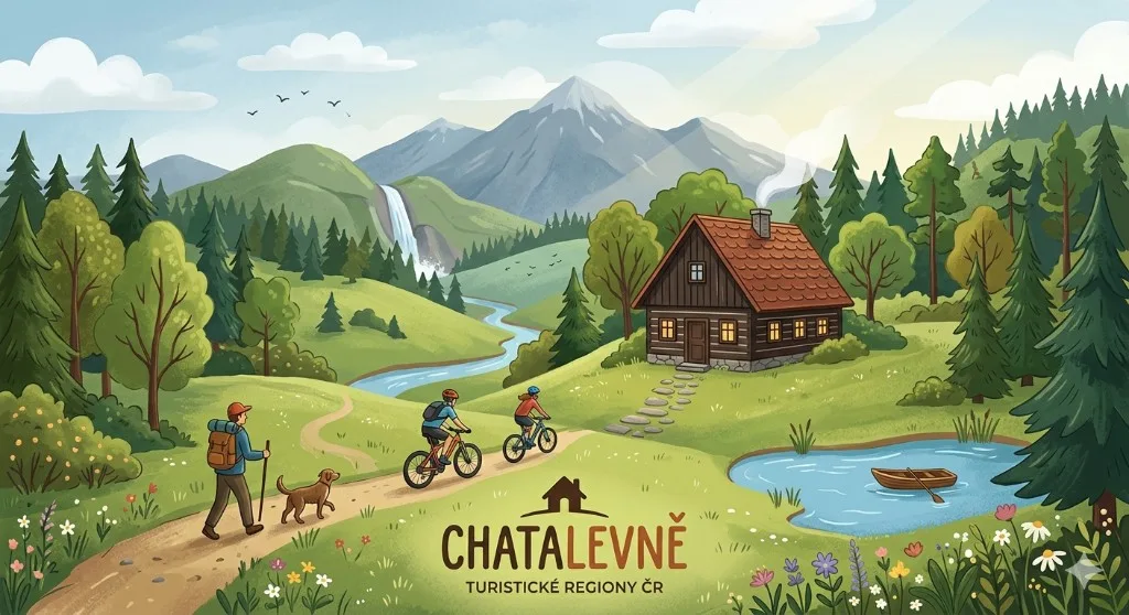 Ilustrace turistických regionů ČR – hory, chata, cyklisté a turistika